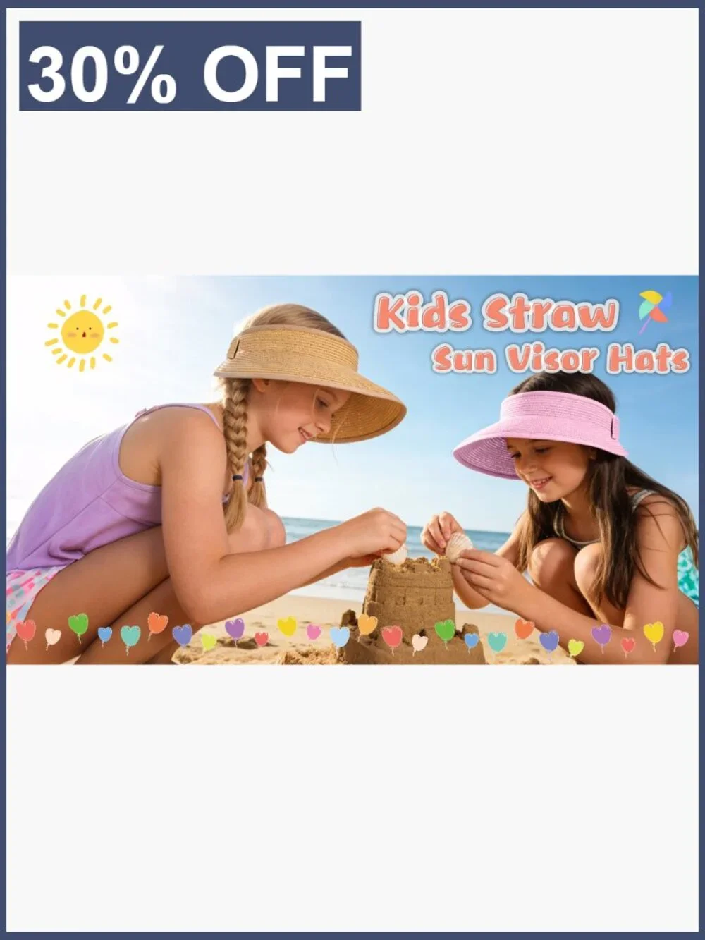 Girls Straw Sun Visor Hat Wide Brim Ponytail Beach Bow Foldable Packable Summer